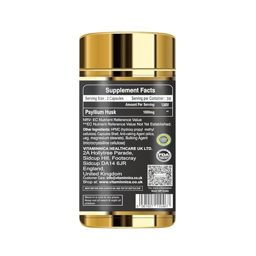 Vitaminnica Vita Husk Pysllium Husk Supplement 1000mg- High in Soluble Fibre- Pack of 60 Capsules