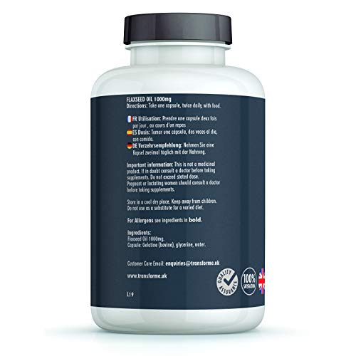 Transforme Flaxseed Oil Capsules 1000mg, Cold Pressed Omega 3 6 9, 180 Softgels, High in Alpha Linolenic, Linoleic & Oleic Acid, 2000mg Serving, Lactose & Gluten Free