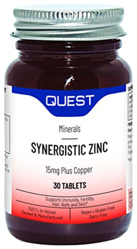 Quest Synergistic Zinc 15mg (30 Tablets) - Zinc & Copper Supplement for Immune Support, Fertility, Hair Care, Nail Care & Skin Care. High Strength Minerals with Optimum Absorption & Utilisation