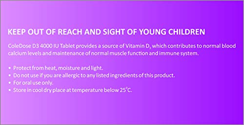 Vitamin D 4000 IU –Equivalent to 100 mcg - ColeDose D3, Premium Vitamin - Easy Swallow 70 Tablets - One a Day
