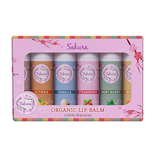 Generic Sakura Organic Lip Balm Set, 100% Natural, 6 Flavours - Strawberry, Citrus, Vanilla, Mint Burst, Beeswax and Coconut