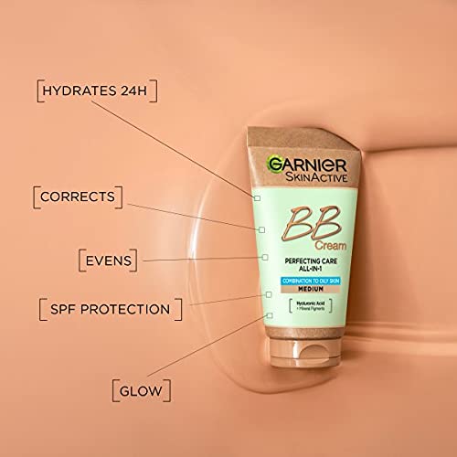 Garnier Oil-Free Perfecting All-in-1 BB Cream, Shade Medium, Tinted Moisturiser SPF25, Mattifies Skin & Evens Complexion, With Hyaluronic Acid, Aloe & Mineral Pigments, 50ml