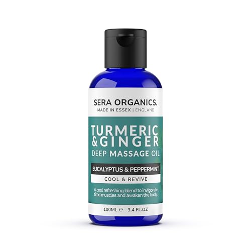 Turmeric Massage Oil – Cooling Body Oil with Eucalyptus & Peppermint │ Post-Workout Recovery & Muscle Fatigue Relief │ Deep Massage Oil for Legs & Back – 100ml by Sera Organics