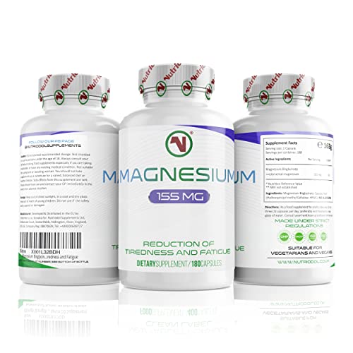 Nutriodol Magnesium Bisglycinate - Up to 465mg per Day | 180 x Easy to Swallow Capsules | 60 Days Minimum Supply | Reduce Tiredness and Fatigue