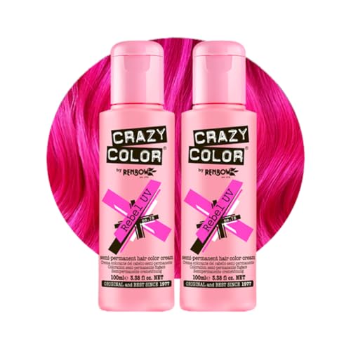 Crazy Color Vibrant Rebel UV Semi-Permanent Duo Hair Dye. Highly Pigmented Neon Pink Conditioning & Oil Nourishing Vegan Formula | No Bleach or Ammonia | 200ml
