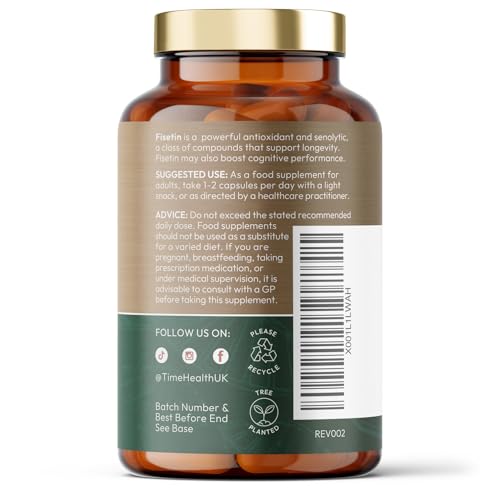 Time Health Fisetin - Ultra Pure - 100mg - 120 Capsules - Anti-Ageing - Autophagy - Senolytic - GMP Standards - UK Made - Vegan - 120 Capsules