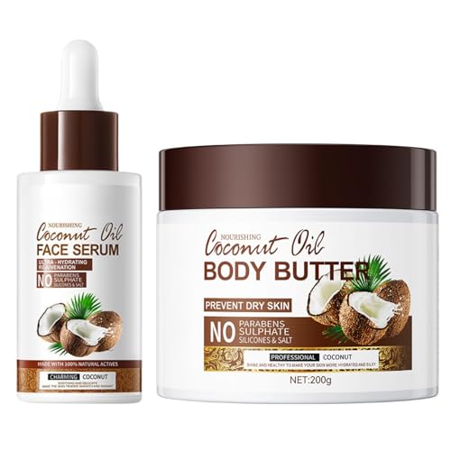Coconut Body Butter 200g & Serum Set - Body Butter for Dry Skin - Skin Care Body Moisturiser - Natural Coconut Oil Body Cream - Butter for Moisturizing, Nourishing, Soothing, Hydrating