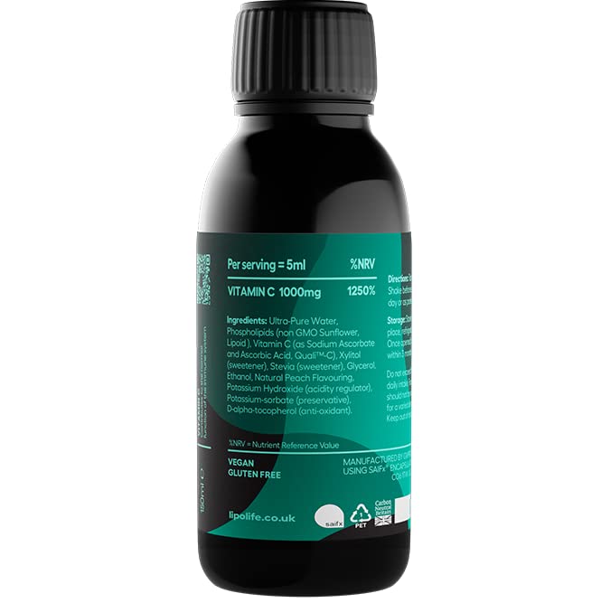 Lipolife LVC9 - liposomal Vitamin C 1000mg (Peach Flavour) - lipolife 150ml = 30 Day Supply. Formulated with Quali-C and Sunflower phospholipids.
