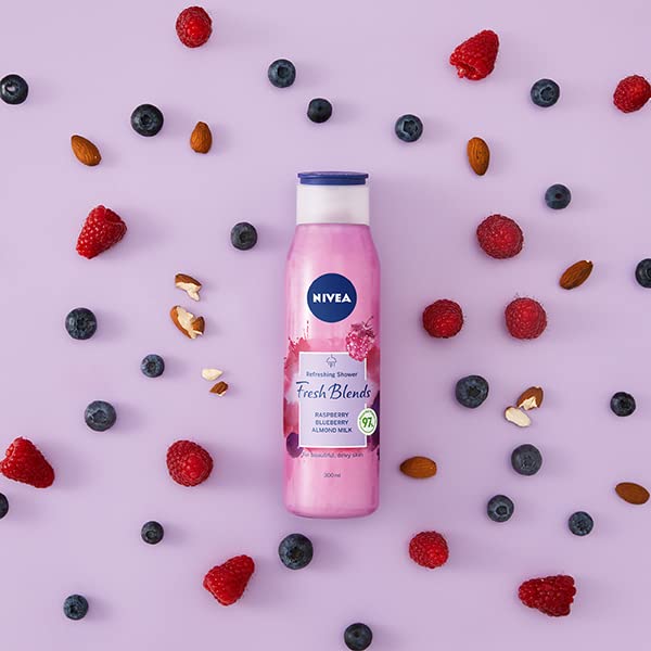 NIVEA Fresh Blends Raspberry Shower Gel (300ml), Raspberry-Scented Women's Shower Gel, Vegan Shower Gel Made with Natural Raspberry and Blueberry Juice, and Almond Milk