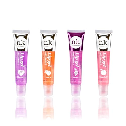 NK lip gloss gel 15ml Vitamin E, Shiny, Nourishes, Buleberry, Peach, Grape and Grapefruit flavoured by Nicka K (Multi Pack Of 4).