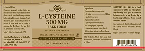 Solgar L-Cysteine 500 mg Vegetable Capsules - Pack of 30 - Metabolism Support - Amino Acid Supplement for Skin, Hair and Nails - Vegan, Gluten Free and Kosher