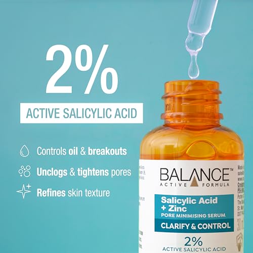 Balance Active Formula Salicylic Acid and Zinc Pore Minimising Serum - Lightweight, Oil-Free, Reduces Blemishes, Pores & Blackheads, Clarifies Skin, 2% Salicylic Acid, Zinc - 30ml