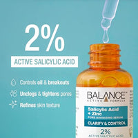 Balance Active Formula Salicylic Acid and Zinc Pore Minimising Serum - Lightweight, Oil-Free, Reduces Blemishes, Pores & Blackheads, Clarifies Skin, 2% Salicylic Acid, Zinc - 30ml