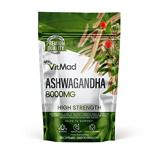 Vitmad Ashwagandha 8000mg, Pure High Strength Ashwagandha Root Extract Withanolides, Mood, Stress, Anxiety, 90 Vegan Capsules