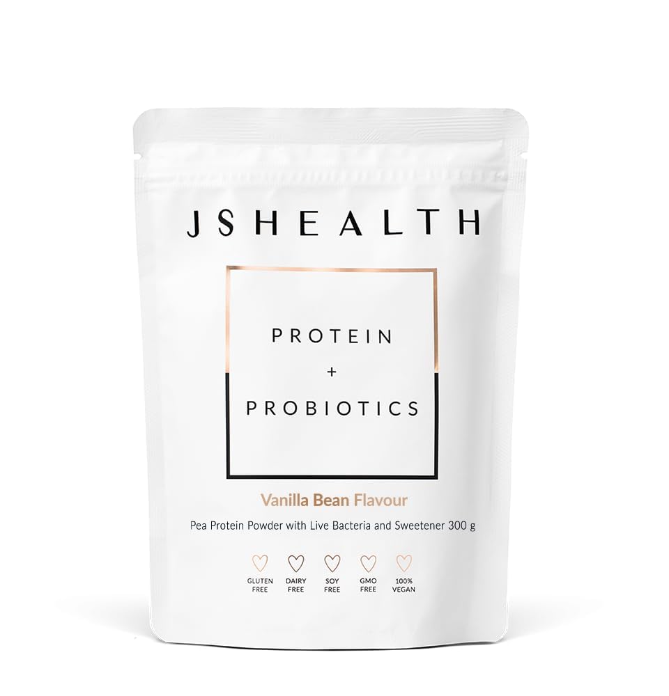 JSHealth Vegan Pea Protein Powder with Probiotics - Vanilla Bean Flavor - Gluten Free, Non GMO, Plant Based Protein Drink Mix, 300g