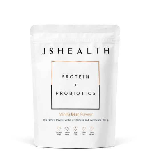 JSHealth Vegan Pea Protein Powder with Probiotics - Vanilla Bean Flavor - Gluten Free, Non GMO, Plant Based Protein Drink Mix, 300g