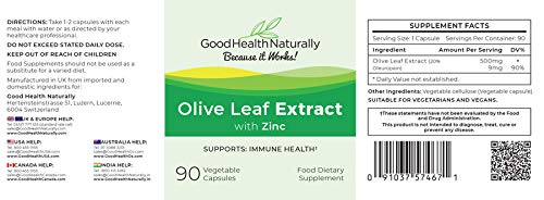 GOOD HEALTH NATURALLY BECAUSE IT WORKS! Olive Leaf with Zinc, Immune System Vitamin | 90 Vegetable Capsules - Good Health Naturally