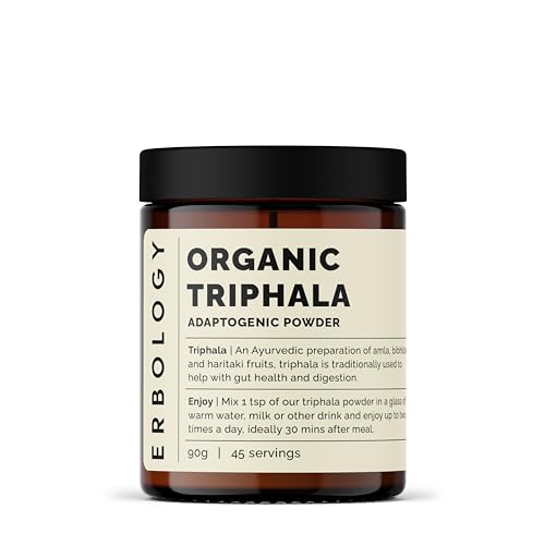 Erbology Organic Triphala Powder 90g - 45 Servings - Ayurvedic Blend of Amla, Haritaki and Bibhitaki - Gut Health - Sustainably Sourced Straight from Farm in India - Small Batch - Vegan - GMO-Free