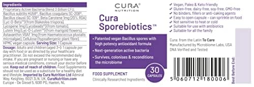 CURA Nutrition - Sporebiotics (30 Capsules) | Bacillus Spore Probiotic Supplements with Carotenoid Antioxidants, Spore Probiotics, Gut Health Supplement, Vegan, Vegetarian, Paleo & Keto Friendly