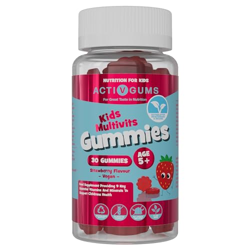 Activ Gums Kids Multi Vits 30 Vegan Gummies. Strawberry Flavour. for Wellbeing and Vitality. with 9 Essential Vitamins A, D, E, C, B3, B6, B12, B5 & Iodine. for Ages 5+ by ActivGums®