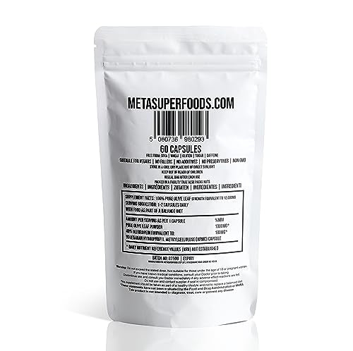 MetaSuperfoods Olive Leaf | 60 Capsules | Super Strength | OLEUROPEIN 40% | (1000mg per Capsule Equivalent to 10,000mg) | Vegan | NO FILLERS NO Binders | Non GMO | Made in UK 100% Olive Leaf (60)