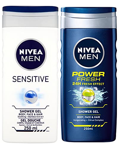 NIVEA Nivea MEN Shower Gel Twin Set SENSITIVE & POWER FRESH Body, Face & Hair Wash 2 x 250ml Exclusive Selection from Kingdom Supplies.