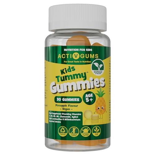 Activ Gums Kids Tummy 30 Vegan Gummies. Pineapple Flavour. for Digestion and Gut Health. with Vitamins C, B3, B5, B6, Chamomile 2000mg, 2.25 Billion CFU Probiotics, Xyiltol. for Ages 5+ by ActivGums®