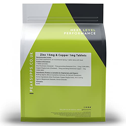 Peak Supps Zinc Picolinate 15mg and Copper 1mg - 30 Tablets | Vegan | Chelated