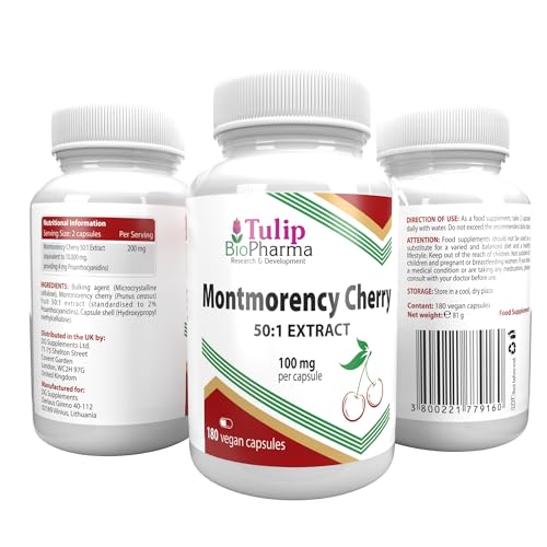 Tulip BioPharma Montmorency Cherry 5,000mg Equivalent | 180 Vegan Capsules | 3-Month Supply | 50:1 Tart Cherry Extract, No Sugar | 3rd Party Lab Tested