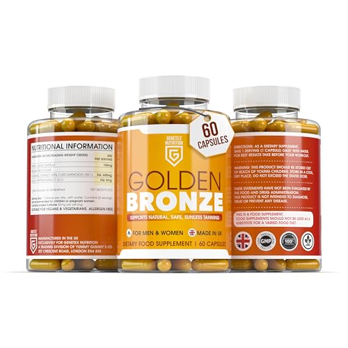 Golden Bronze Tanning Pills Supplement x 60 Capsules, Sunless & Safe Tan Melanin Accelerator Capsules, Tanning Pills for Healthy Natural Tan - Made in UK