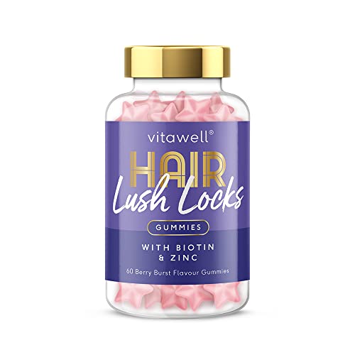 Vitawell Hair Lush Locks Gummies | 60 Vegetarian Mixed Berry Flavour Gummies | 2 a Day | Biotin with Zinc & Vitamin E | 1 Month Supply | by Vitawell