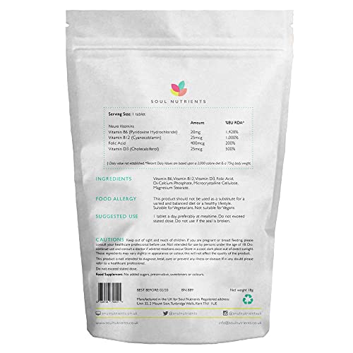 Soul Nutrients Vitamins B6, B12, Folic Acid & D3 Neuro Vitamins 120 Tablets UK Manufactured