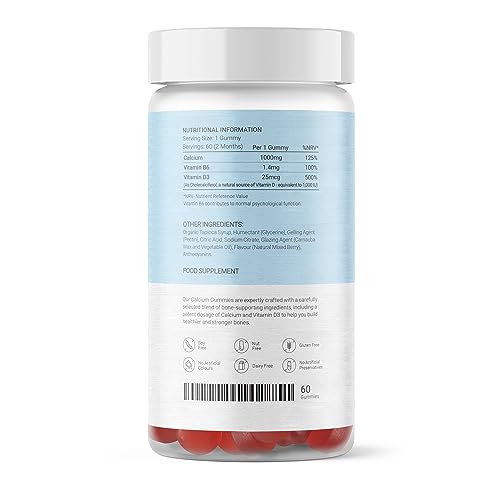 Calcium Gummies - Sugar Free | 2 Months Supply - 60 Vegan Gummies | High Potency | Calcium | Vitamin D | Vitamin B6 | The Ultimate Boost to Your Bone Health | Mixed Berry Flavour