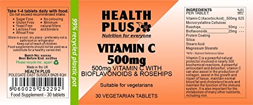 Health Plus Vitamin C 500mg : Vitamin C Supplement : 30 Tablets, in a Planet-friendy 99% Recycled Pot