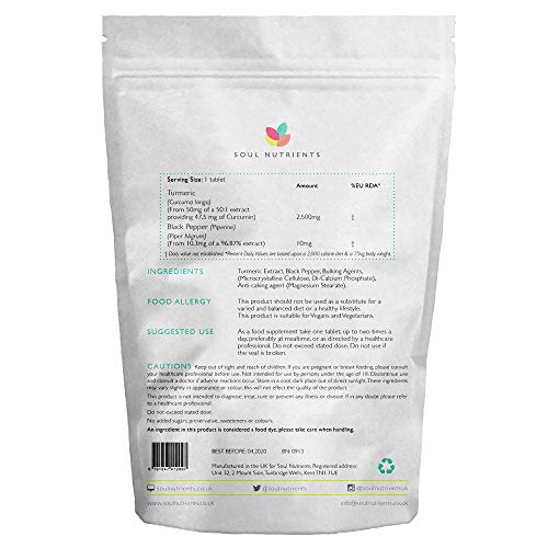 Soul Nutrients Turmeric & Black Pepper 60 Tablets High Strength 2,500mg 95% Curcumin Supplement 10mg Piperine from Black Pepper Extract GMP Manufactured - Naturally Reduces Inflammation & Pain - Suitable for Vegans