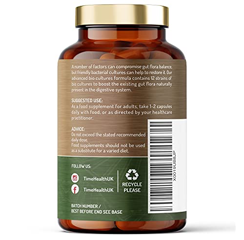Time Health Bio Cultures Complex – 55 Billion CFU – Advanced 12 Strain Probiotic Formula - Digestion, Immunity & Cognitive Support – Vegan Probiotics – UK Made