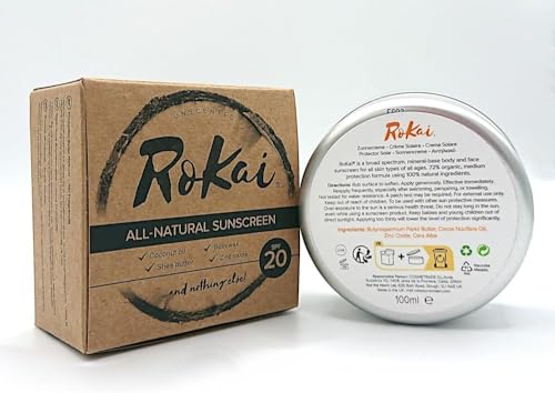RoKai All-Natural Sunscreen Unscented SPF20 - Only 4 Ingredients, 100% Natural and Organic, Non-Toxic, Non-Nano, Chemical-Free, Perfect for Sensitive Skin (Unscented, 100ml), Recyclable Packaging