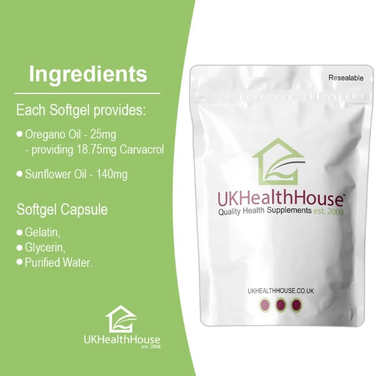 UKHealthHouse Oregano Oil 25mg Capsules Softgel | 18.75mg Carvacrol, Low Thymol | Cold-Pressed Essential Oregano Oil (Origanum Vulgare) | NO Additives (1000 caps)