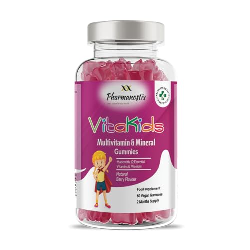 Pharmanostix VitaKids Multivitamin & Minerals Gummies, 60 Natural Berry Flavour Gummies, 2 Months’ Supply, 12 Essential Children’s Vitamins, Vegan, Gelatine & Gluten Free, Includes VIT A, C, E and D