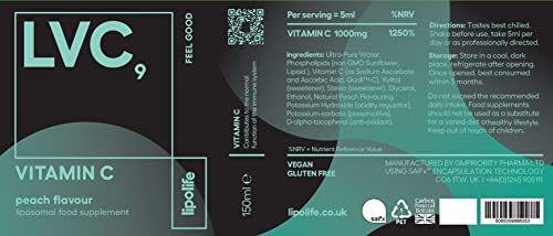 LVC9 Liposomal Vitamin C 1000mg | lipolife LVC9 X 2-150ml Each - 60 Days Supply | Peach Flavour | Vegan, Soy Free | Immune System, Skin & Energy Support.