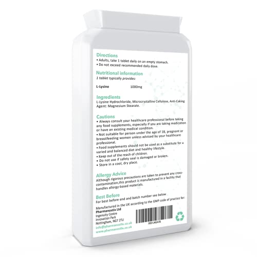 L-Lysine Tablets 1000mg 90 Tablets - High Strength Essential Amino Acid, Vegan, Non-GMO, Gluten Free Supplement, 3 Months Supply, UK Manufactured to GMP Standards by Pharmanostix