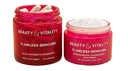 Beauty & Vitality Flawless Skincare Kit for Acne-Prone Skin - Probiotic Moisturiser (50ml) and Supplements (60 Caps) for Microbiome Balance