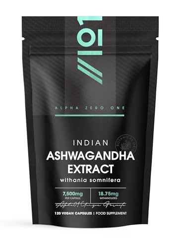 ALPHA01 Ashwagandha Extract 7500mg - Potent 5% Withanolides (18.75mg) - Made with BioPerine® Black Pepper for Higher Bioavailability - 120 Vegan Capsules