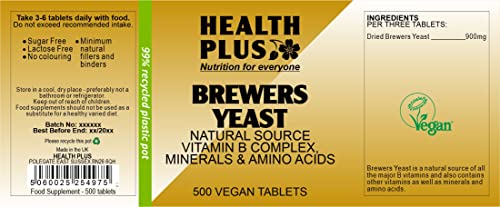 Health Plus Brewers Yeast 300mg : Vitamin B Supplement : 500 Tablets, in a Planet-Friendly 99% Recycled Pot