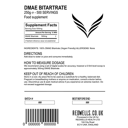 DMAE Bitartrate Powder REDWELLS Cognitive Enhancer GMO Free Vegan - 250g Pack