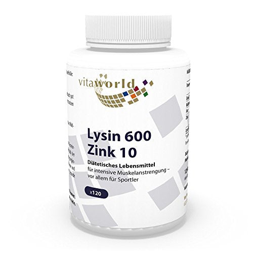 Vita World L-Lysine 600mg + Zinc 120 Vegetarian Capsules Made in Germany