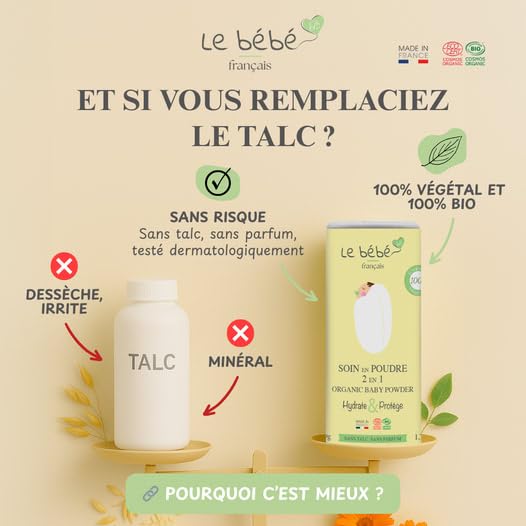 Le bébé français bio Baby Powder Vegan & Organic 2 in 1 - Talc-Free - Change & Milky Bath - Natural moisturises and Protects - Plant Based with Oatmeal & Rice Starch - Sensitive Skin 100g (2)