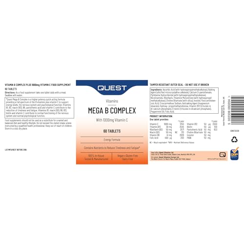 Quest Mega Vitamin B Complex Tablets. High Strength Vitamin B1-B2-B3-B6-B12, Biotin & C Supports Energy Production, Stress Response, Immune System & Brain Function. 2 Month Supply. (60 Capsules)