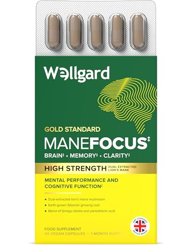 Wellgard Manefocus – High Absorption Lions Mane Supplement for Mental Performance, Brain Health, Memory, Clarity, 60 Capsules