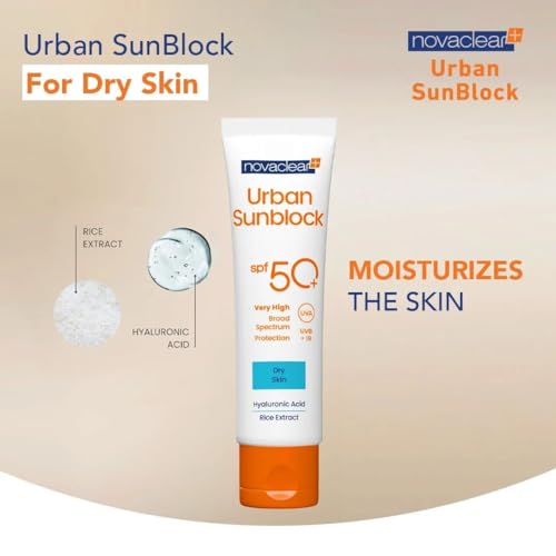Novaclear Urban Sunblock SPF 50+ for Dry Skin – Broad Spectrum UV Protection Sunscreen with Hyaluronic Acid & Rice Extract – No White Cast – Fragrance-Free, Fast-Absorbing – 40ml